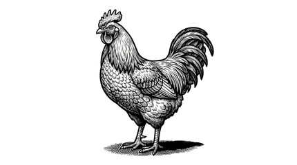 Farm rooster standing woodcut engraving. © erna