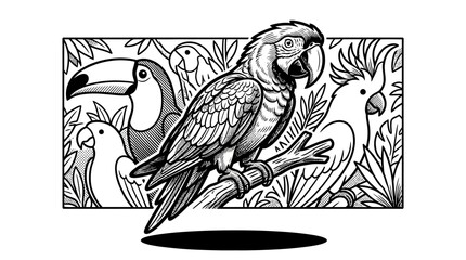 Obraz premium Exotic tropical birds toucan parrot woodcut.