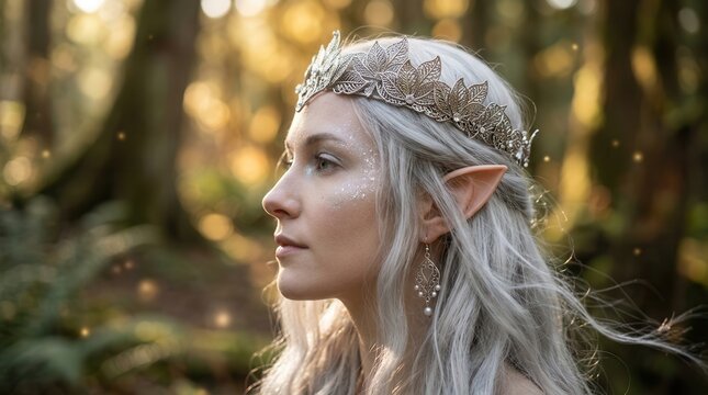 Ethereal fantasy portrait of a woman elf wearing a silver leaf crown in a magical forest.