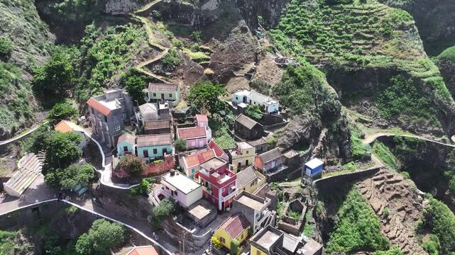 Fontainhas Village, Santo Antao Island, Cape Verde. Drone Shot of Colorful Houses on Cliffs