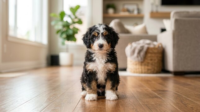 A playful tri color Mini Bernedoodle puppy sits indoors facing the camera.
