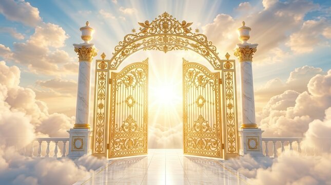 Golden gates of heaven with bright sunshine shining through the clouds.