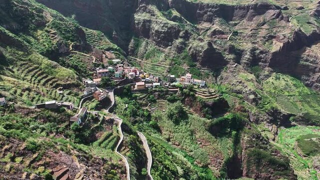 Drone Shot of Fontainhas, Scenic Hillside Village on Santo Antao Island, Cape Verde. Colorful Houses in Mountains