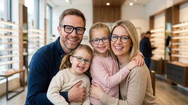 Happy caucasian family of four wearing eyeglasses and smiling together.