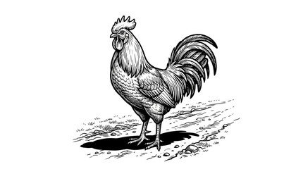 Proud rooster standing illustration woodcut. © erna