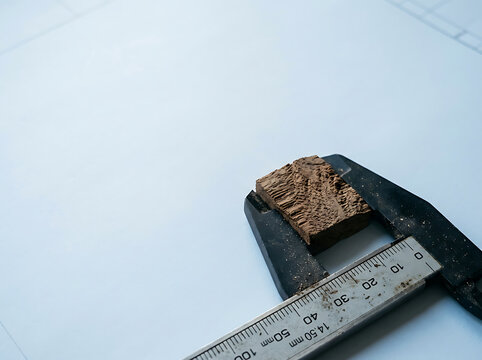 Measuring a small piece of wood with an old caliper on a white blueprint background