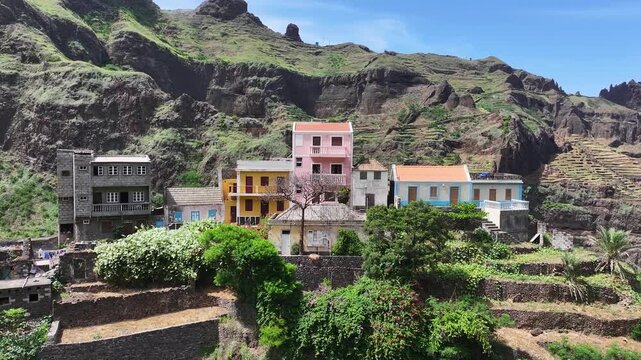 Drone Shot of Colorful Houses on Cliffs in Mountains of Santo Antao Island, Cabo Verde 60fps