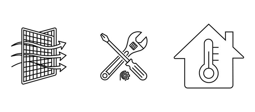 Maintenance service tools set vector illustration with air purifier filter crossed wrench screwdriver and thermometer inside house climate control line art for technical support.
