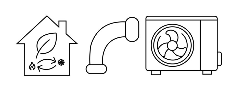 Energy efficient house system vector illustration featuring ecological heating leaf symbol pipe connector and external air conditioning compressor unit for sustainable thermal regulation.