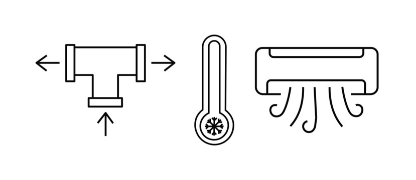 Air conditioning and plumbing line icon set with pipe fitting cold thermometer and split system unit vector ilustration for climate control and water supply maintenance projects.