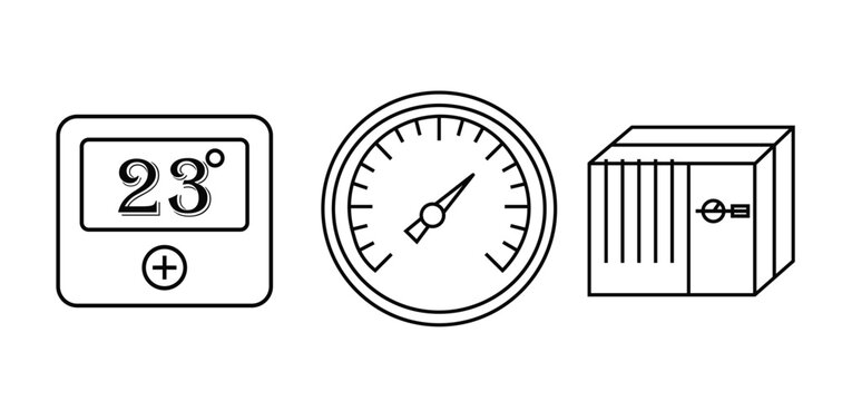 Hvac control system line icon set with digital thermostat pressure gauge and outdoor air conditioning unit vector ilustration isolated on transparent background for home service.