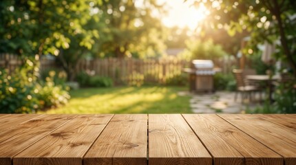 Obraz premium Wooden table top with a blurred backyard garden and BBQ grill background for product display.