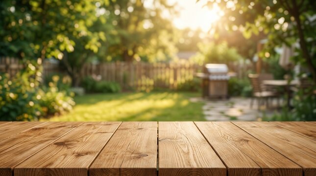 Wooden table top with a blurred backyard garden and BBQ grill background for product display.