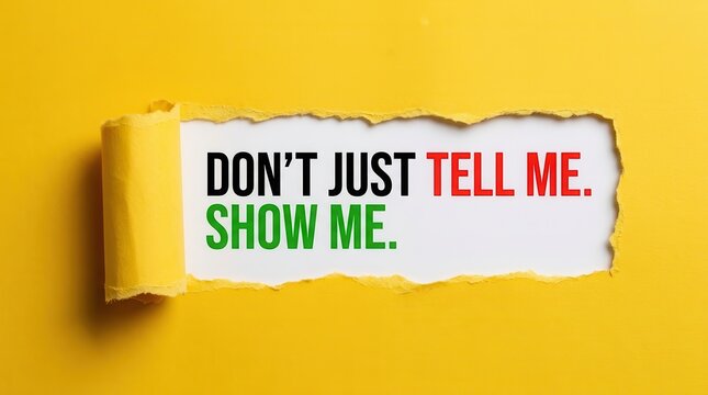 Don't just tell me, show me concept written on white paper through a hole in yellow paper.