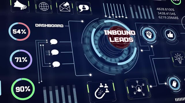 Financial growth background focusing on company inbound leads data analysis using high tech infographic screen illustration graph