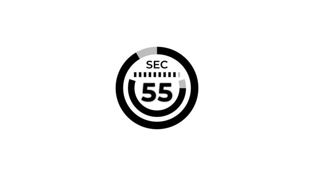 60 second countdown with pie chart circle and dot animation on white screen. One minute countdown timer to zero second with transparent background.