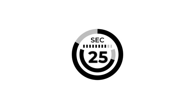 30 second countdown with pie chart circle and dot animation on white screen. Thirty second countdown timer to zero second with transparent background.