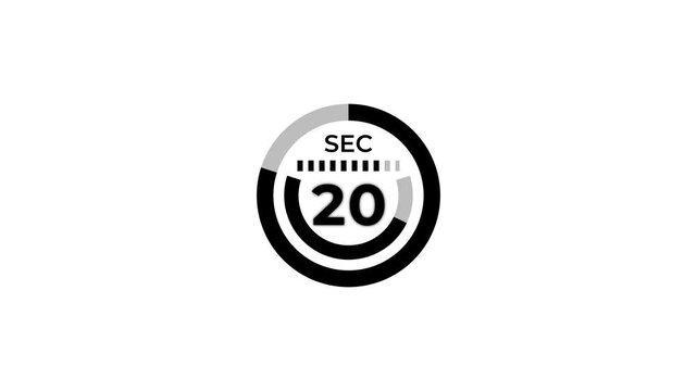 25 second countdown with pie chart circle and dot animation on white screen. Twenty five second countdown timer to zero second with transparent background.