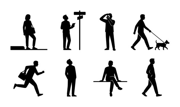 Silhouette People Collection, Diverse Poses Vector Set, Everyday Life Activities, Walking, Running, Sitting, Standing, Dog Walker, Street Scene Elements