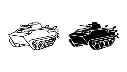 Amphibious Combat Vehicle: A detailed illustration of an amphibious combat vehicle, depicted in both outline and solid black, showcasing its tracks and turret. © Md