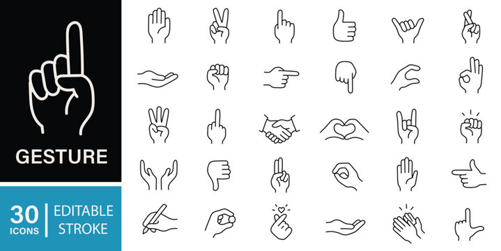 People hand gestures outline vector collection. handshake icon set, thumbs down icon set, pointing icon set