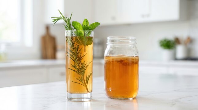 Healthy homemade fermented raw kombucha tea with rosemary and mint in a glass.