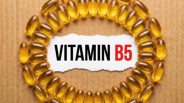 Vitamin B5 pantothenic acid concept with yellow softgel capsules on brown corrugated cardboard.