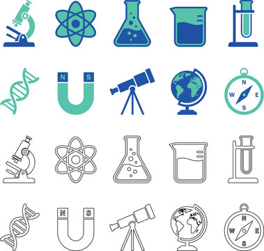Science and research icons set biology chemistry physics and geography illustrations