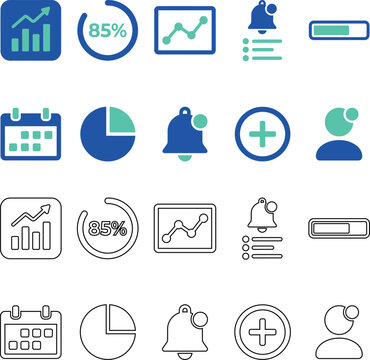 Business data analytics icons set charts notifications and management tools