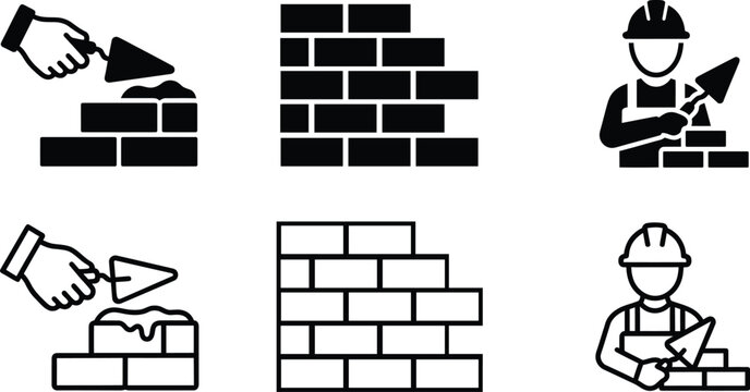 bricklayer icons showing construction worker laying bricks with trowel