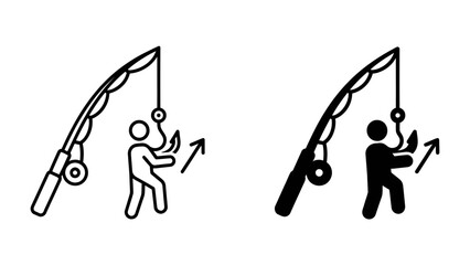 Fishing icon: A simple line art and solid black icon depicting a person holding a fishing rod with a fish hook, symbolizing the activity of fishing and the pursuit of a catch. © Sugra