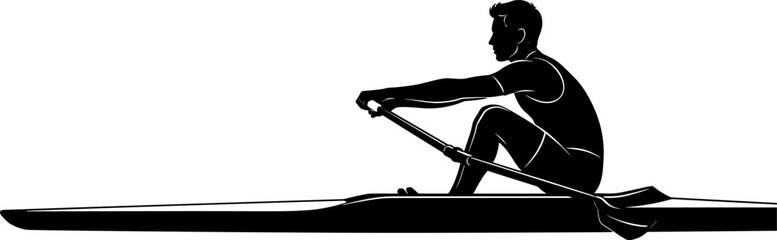 Detailed black silhouette of a male athlete rowing a scull boat isolated on white background © Mukti
