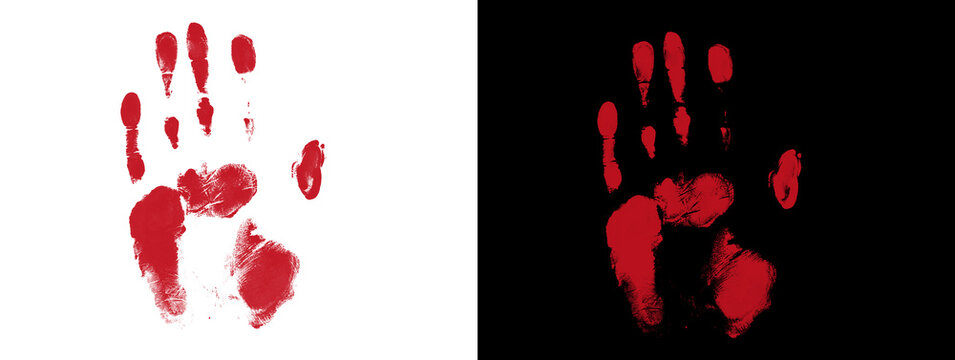 Bright Red Handprint with Finger Details on White and Black Split Background
