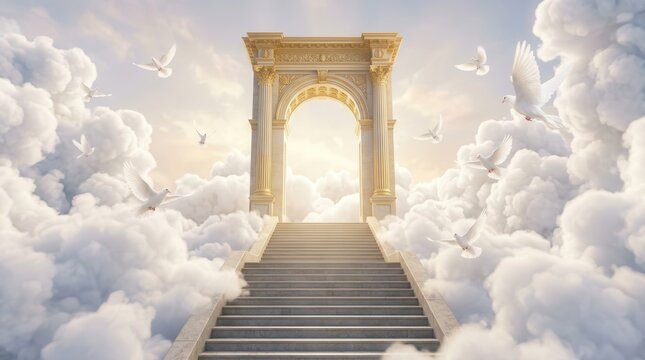 Stairway to heaven illustration featuring a golden arch and white doves on fluffy clouds.