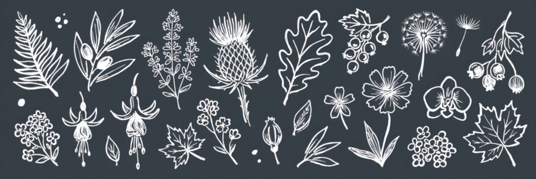 Chalkboard botanical sketches of wild flowers and forest leaves