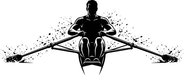 Dynamic black silhouette of a male rower in a boat with water splashes isolated on white background © Mukti