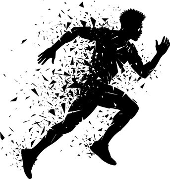 Dynamic black silhouette of a sprinting male runner with geometric shattered dispersion effect isolated on white