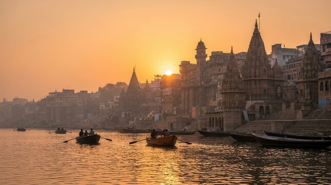 Sunrise over the ancient temples and Varanasi ghats along the Ganga river.