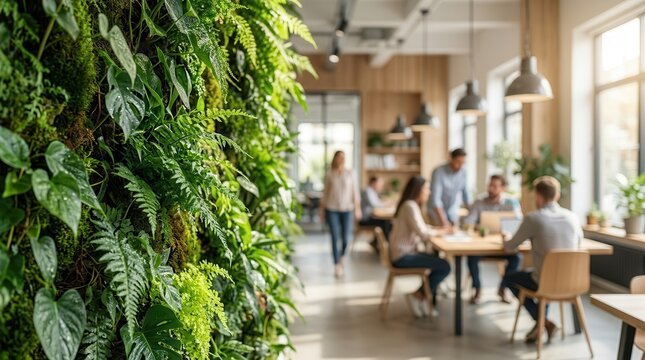 Modern green office space featuring a lush living plant wall.