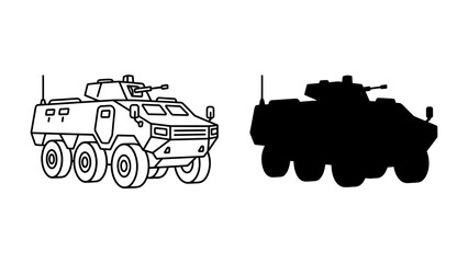 Armored Personnel Carrier and Silhouette: A detailed line drawing of an armored personnel carrier with six wheels and a turret gun, shown alongside its solid black silhouette. © Md