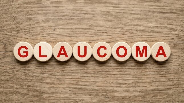 The word Glaucoma printed in red on beautiful wooden circles over a wood background.