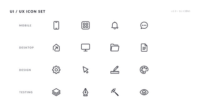 Categorized mobile and desktop UI line icon pack &ndash; Perfect for software engineering, design tools, or digital user testing.