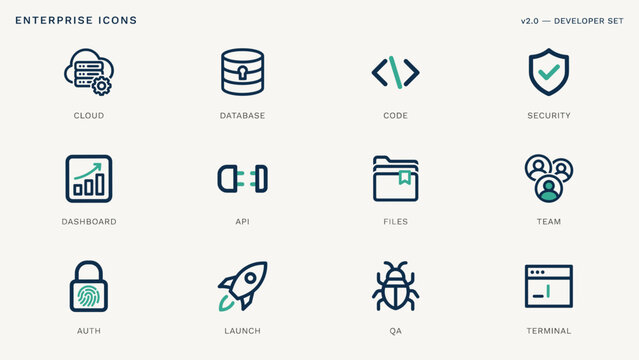 Cloud software engineering and application management icons &ndash; Suitable for enterprise technology, developer tools, or data systems.