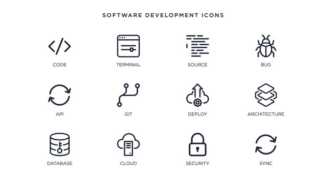 Minimalist flat outline source code vector icon pack &ndash; Excellent for terminal interfaces, API documentation, or tech newsletters.