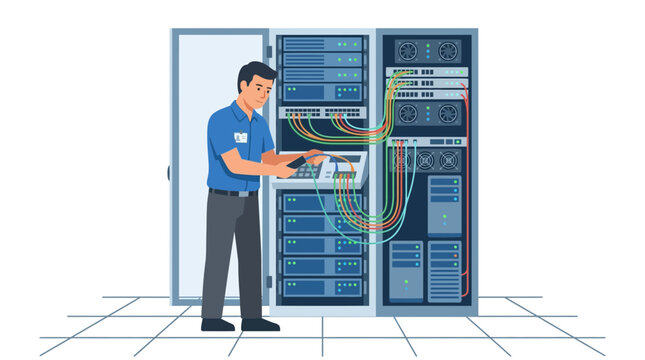 IT Technician Working on Server Rack with Cables and Equipment