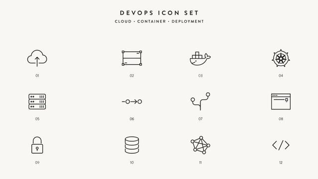 Monochrome container deployment and cloud technology icons &ndash; Suitable for data centers, microservices architecture, or IT engineering.
