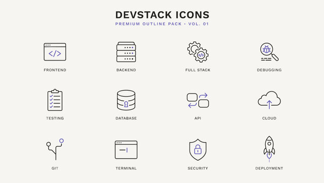 Full stack software development outline icon collection &ndash; Ideal for frontend coding, backend systems, or debugging tools.