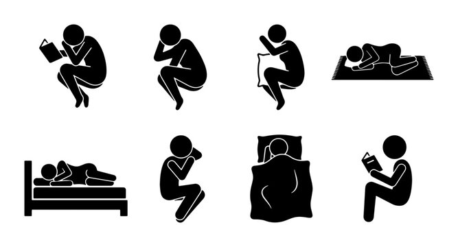 Resting Poses, Sleep Positions, Relaxation Icons, Human Figures in Bed and Reading, Vector Set