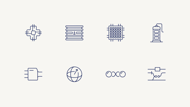 Thin outline superconducting qubit and hardware icon set &ndash; Excellent for laboratory manuals, quantum physics papers, or tech UI.