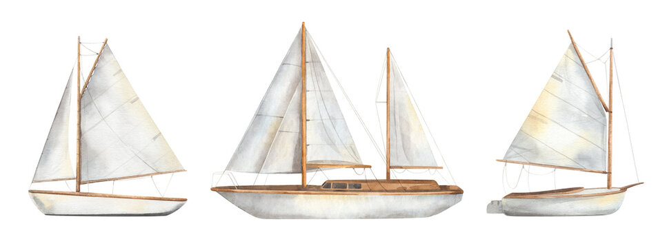 Sailing boats set. Watercolor illustrations. Cat boat, ketch, sloop. Hand-drawn yachts isolated on white background